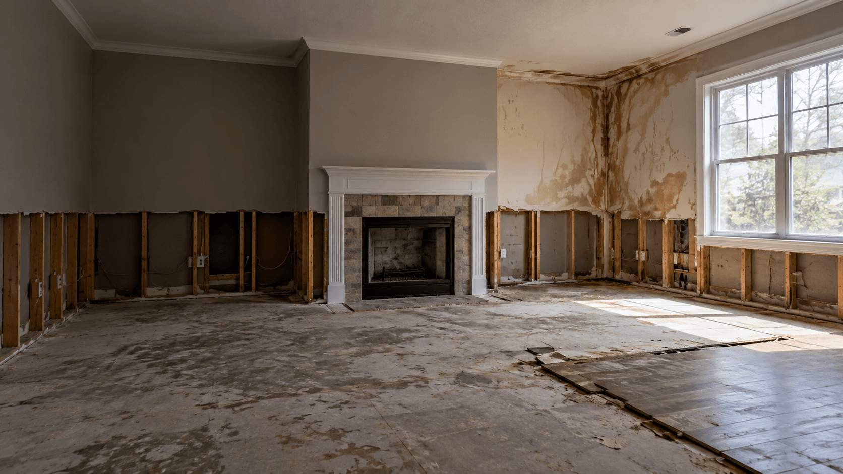 AI-generated illustration of a water-damaged room with stained walls, exposed lower framing and damaged flooring.